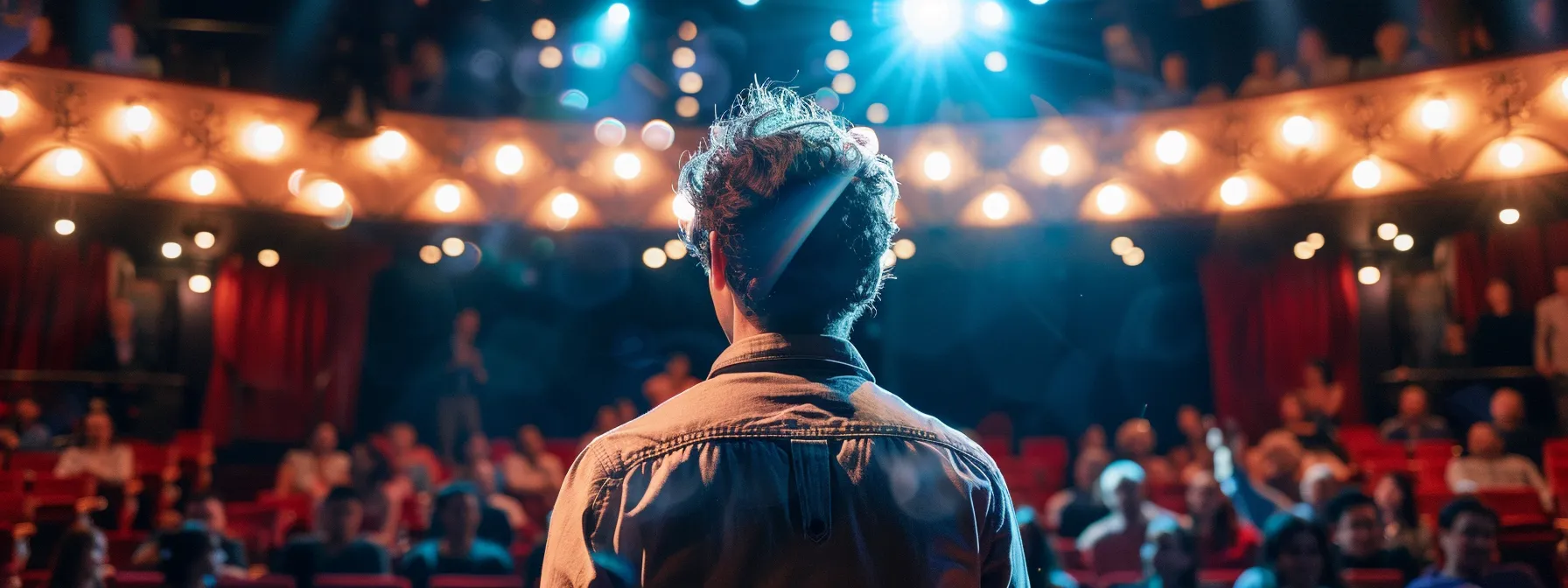 a comedian standing on a stage under bright lights, delivering jokes to a diverse and engaged audience in a packed theater.