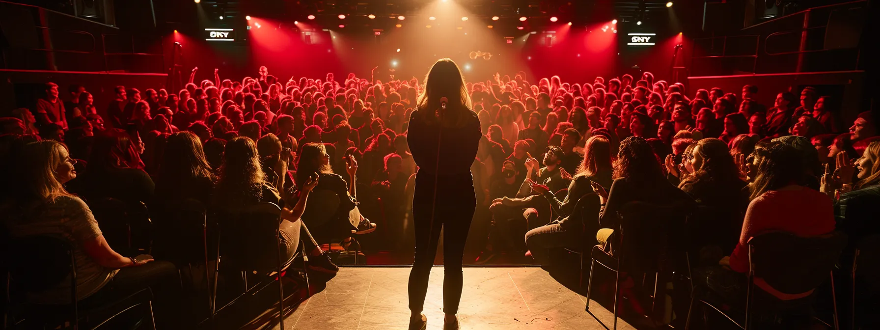 a confident taylor tomlinson standing on a brightly lit stage, performing her stand-up comedy special for a packed audience, with streaming platforms' logos displayed in the background.