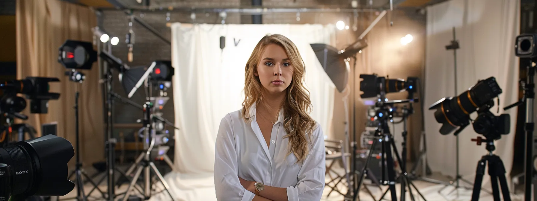 a confident taylor tomlinson stands in a bright studio, surrounded by cameras and microphones, symbolizing her growing financial success in the entertainment industry.