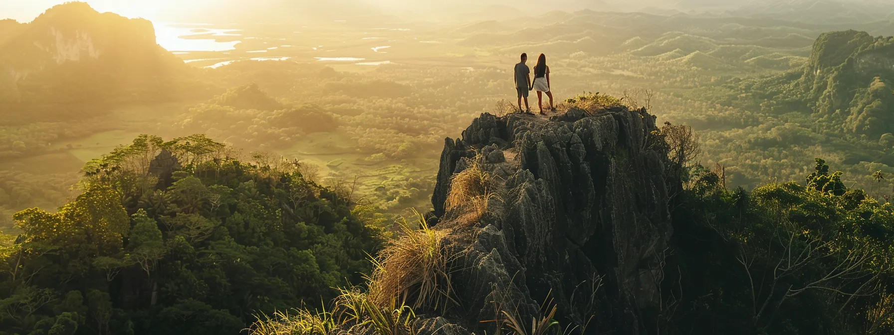 a couple standing hand in hand on a scenic cliff overlooking a vast, sunlit valley.