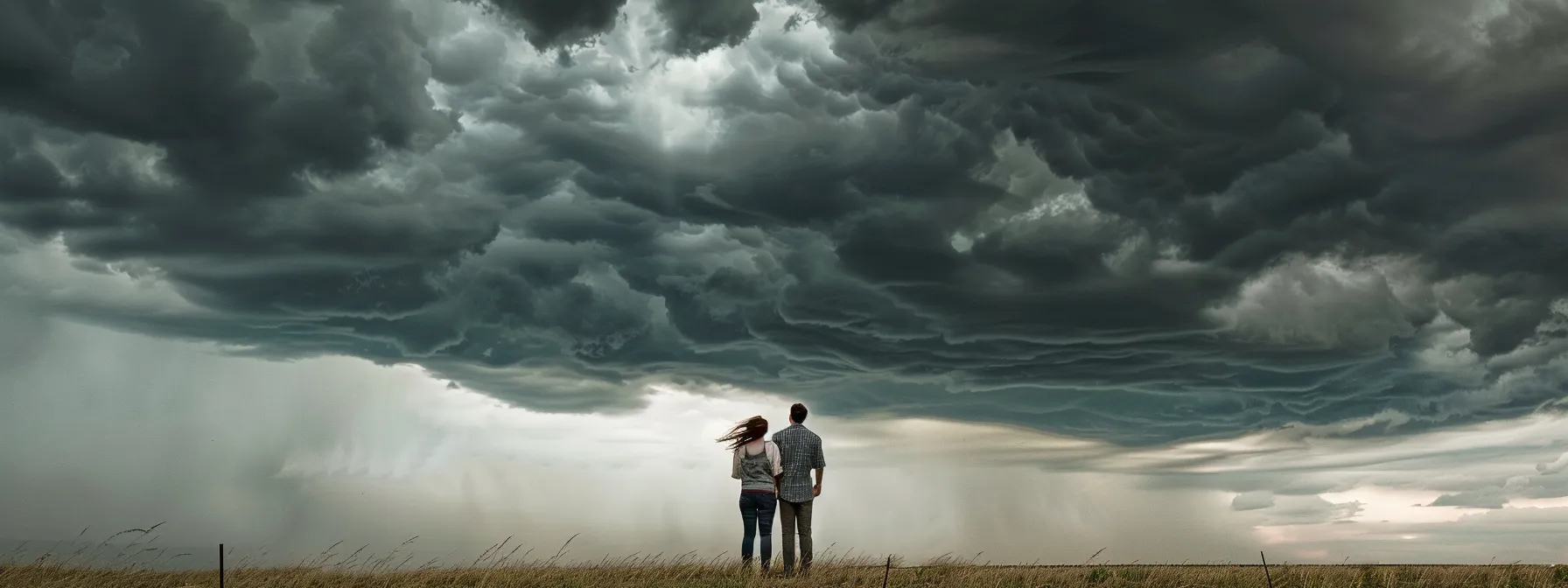 a determined couple standing side by side, facing a stormy sky, symbolizing resilience in the face of challenges and controversies.