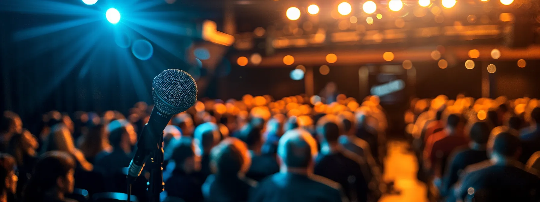 a spotlight shining on a stage with a microphone stand surrounded by a diverse audience, capturing the essence of a comedian's wealth-building through live performances.