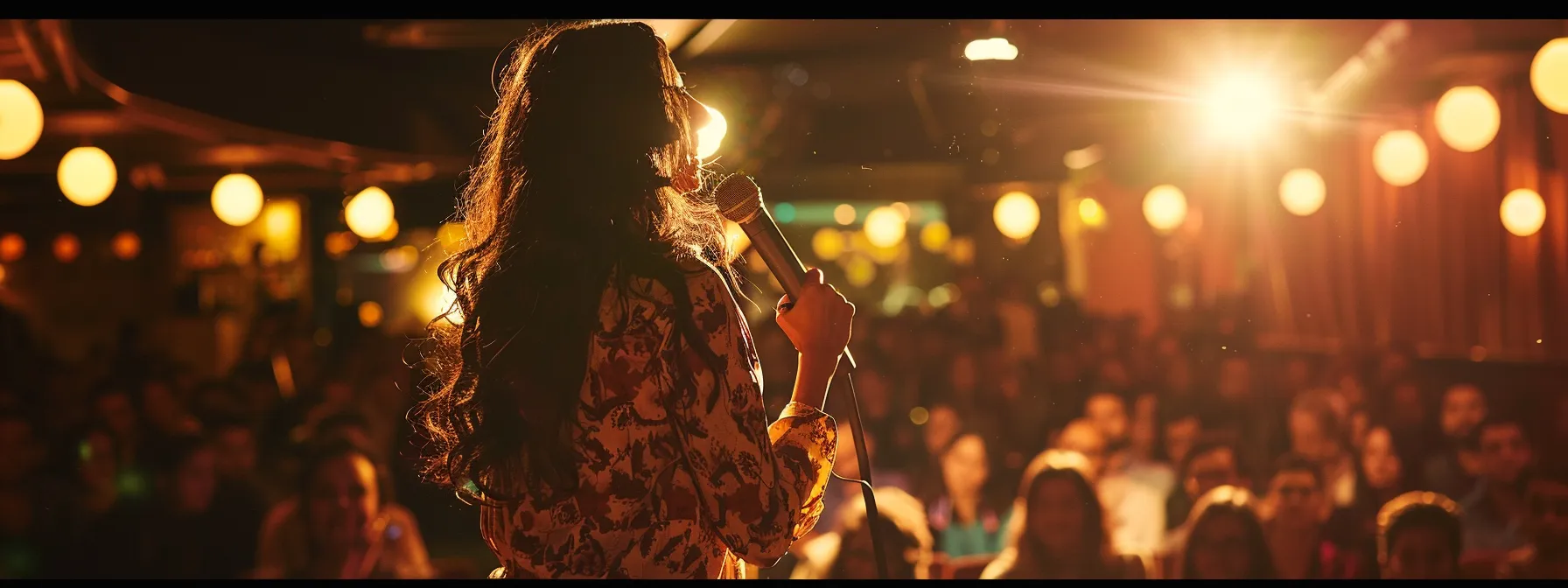 a spotlight shining on taylor tomlinson on a comedy stage, as she confidently delivers her jokes to a captivated crowd.