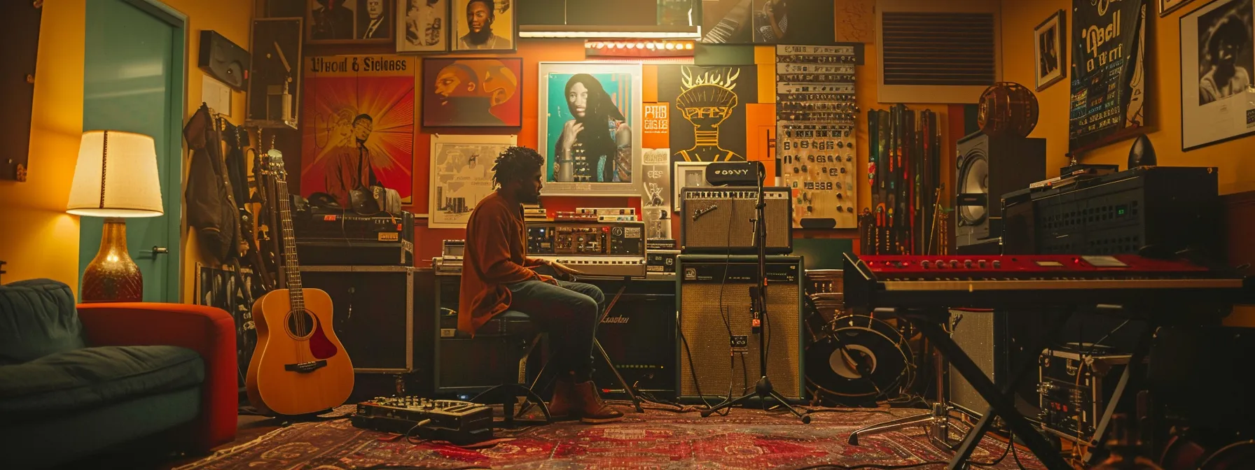 a vibrant music studio filled with inspired young musicians, surrounded by posters of perry and suzette price, serving as a constant reminder of their enduring legacy in the music industry.