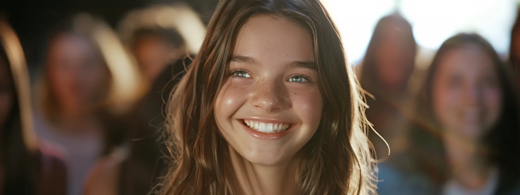 a young katie holmes smiling brightly while surrounded by enthusiastic casting directors during a pivotal audition for dawson's creek.