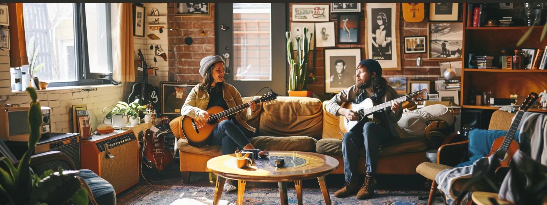 a young perry and suzette price harmonizing in a cozy living room, surrounded by musical instruments and family photos, their passion for music evident in their bright eyes and smiling faces.