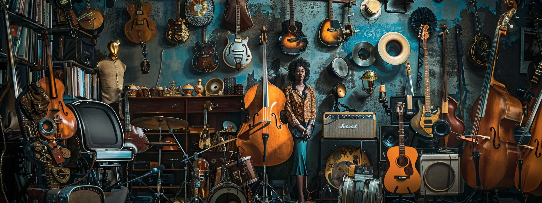 amidst a sea of musical instruments and awards, perry and suzette price stand proudly, symbolizing their pioneering contributions in the music industry.